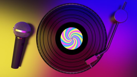 Vinyl records and karaoke microphone on the party. Black disc spinning on the retro turntable player, disco music plays and let's sing the song with karaoke audio on the concert stage, 3d animation.