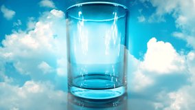 Water pouring into a glass close-up against a blue sky with time lapse effect with fast moving clouds. 16x9 video format. ProRes 422 HQ.