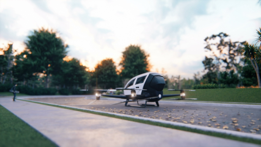 The passenger air taxi takes off and departs to its destination. Animation for transport, sci-fi or technology backgrounds. View of an unmanned aerial passenger vehicle.