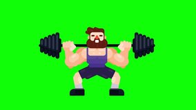 Man is working out and lifting heavy barbell. Healthy lifestyle, sports and activity. Flat design animation video clip with green screen background. 