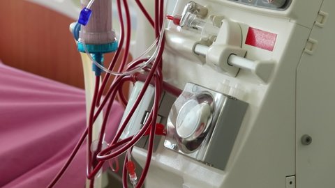 Bangkok, Thailand. Closed up of blood flowing through dialysis machine in hospital. 