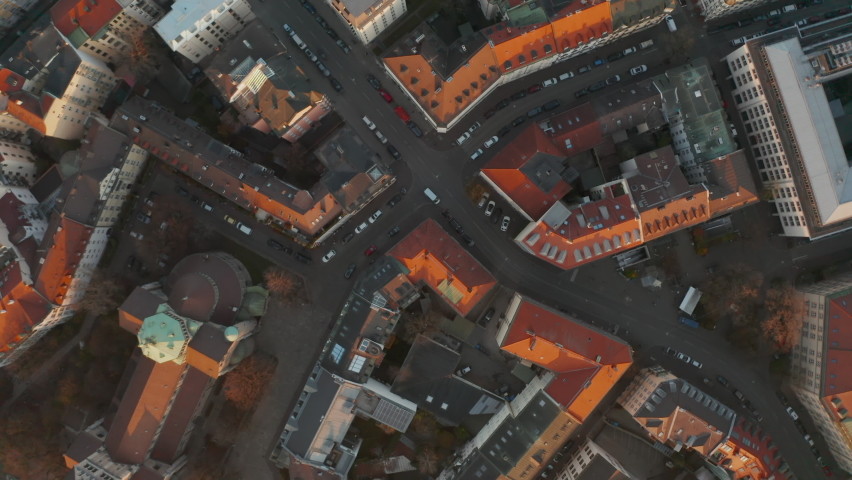 Generic City Overhead View from Birds Eye View, European City Top View in Germany, Aerial Drone perspective