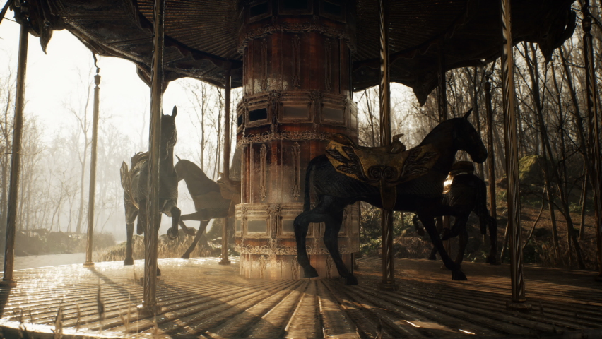 An sinister lonely carousel is spinning in a mystical dark forest. The concept of an abandoned park after the apocalypse. The loopable animation for fantasy, science fiction and apocalypse. | Shutterstock HD Video #1071697096