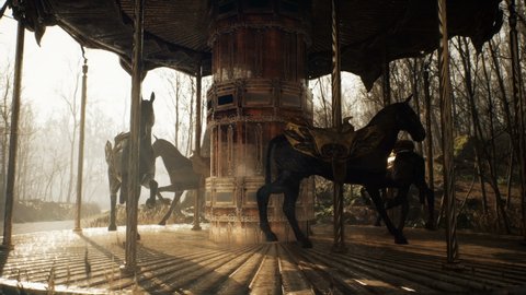 An sinister lonely carousel is spinning in a mystical dark forest. The concept of an abandoned park after the apocalypse. The loopable animation for fantasy, science fiction and apocalypse.