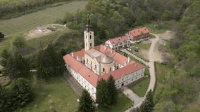 Aerial view of Monastery Grgeteg, National Park Fruska Gora,  Vojvodina, Serbia. Orthodox monastery in Serbia, dates from 1471 