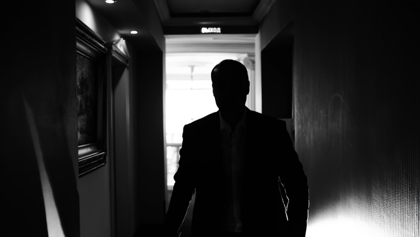 A mysterious silhouette of a man moves to the camera along a dark corridor. Shooting from the front in slow motion Royalty-Free Stock Footage #1071698527