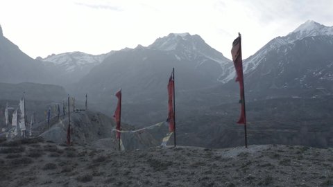 Colourful Nepalese flags perched high over the majestic Muktinath Valley.
Shot de-saturated in Dlog-M to maximise color grading options