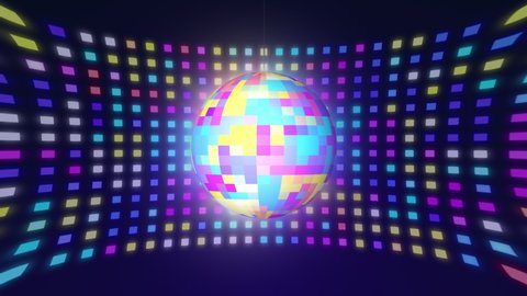 loop motion background of glowing rotating disco ball. animation for music video clips, events, disco party, night clubs. Musical visualization of beat pulsating sound, electronic dance hip-hop music