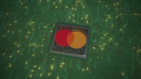 Computer chip with the logo of MASTERCARD. Conceptual editorial 3d animation