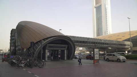 DUBAI, UAE - CIRCA 2021: Emirates Towers Metro Station entrance
