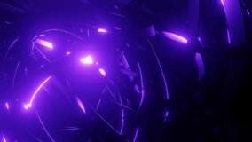 intersection of wire with purple neon glow on faces smoothly move in cycle, constantly crossing each other. Abstract sci fi and technology background with concentric mechanism and beautiful light
