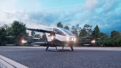 In the early morning, a high-tech air taxi departs for its destination. Animation for transport, sci-fi or technology backgrounds. View of an unmanned aerial passenger vehicle.