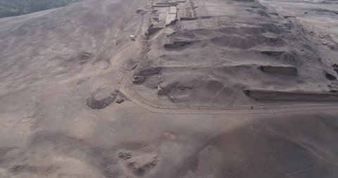 Lima, Lima - Peru - April 29th 2021: Aerial video over Pachacamac temple, archeological complex in Lima Peru. Pre inca culture known as Ychsma. Temple made of mud near to the Pacific Ocean. 