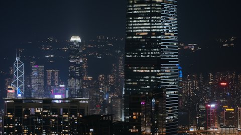 May 2021: Hong Kong ,China ,Asia : Aerial Spotlight view of the Hong Kong International Commerce Centre ICC night view