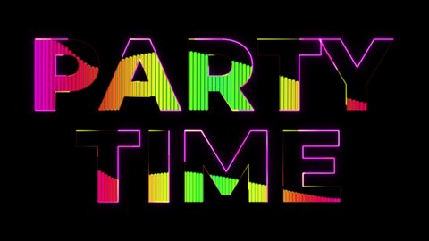 Dance party in 80s style. Party text with sound waves effect. Glowing neon lights. Retrowave and synthwave style. Intro text. Vj animation for night clubs, LED screens and projectors, music videos