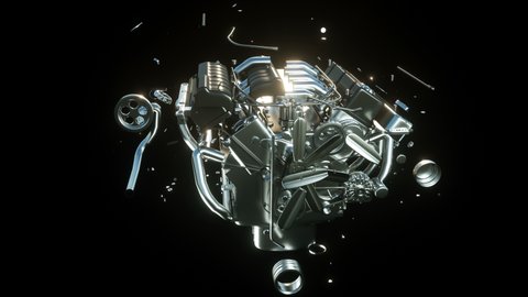 Disassembling car engine into parts, 3d animation