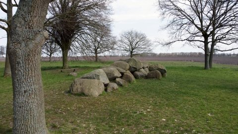Prehistoric hunebed (Dolmen) in Drenthe, a neolithic thomb, prehistorical monument, the Netherlands, Aerial