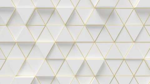 Elegant Triangles Surface Loop 1 Gold x White: group of many white triangles over a gold yellow grid. Abstract triangular background. Elegant luxury. Glossy look. Seamless loop. 
