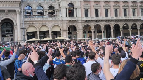 Milan, Italy: 2 May 2021: Inter fans celebrate winning the nineteenth football championship in Milan, Lombardy, Italy
