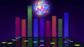 loop animation for music video. neon Disco Ball, dance floor. Audio equalizer, sound wave, levels. Background for VJ night clubs, LED screens and projectors, glamour and fashion events, disco party - Powered by Shutterstock - Get 15% off with code: PIKWIZARD15