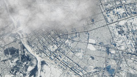Clouds over snowy urban landscape, winter season animation, aerial satellite view city of Orenburg Russia. Images furnished by Nasa