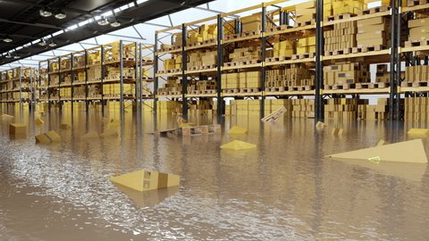 3d Rendering of Flooded Warehouse With Cardboard Boxes Floating On Water