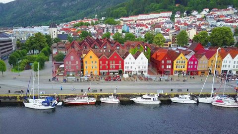 Bryggen aerial panoramic view. Bryggen is a series of beauty old houses at the Vagen harbour in Bergen, Norway.
