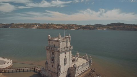 Belem Tower, Lisboa. Aerial view of the beautiful Belem Tower in Belem district of Portugal's capital. Shot with DJI Mavic Air. 4K video.