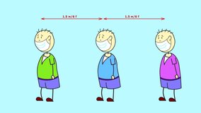 Three characters in medical masks walk at a distance. Looped animation of children's color drawing.