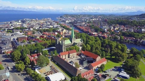 Nidaros Cathedral or Nidarosdomen or Nidaros Domkirke aerial panoramic view, a Church of Norway cathedral located in the city centre of Trondheim, Norway