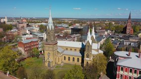 Liepaja, Latvia,Baltics. Beautiful 4K panoramic aerial video from flying drone to Liepaja city St. Joseph's Cathedral  which is located by the Baltic Sea. (Series) 