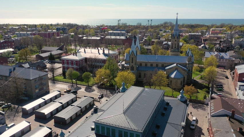 Liepaja, Latvia,Baltics. Beautiful 4K panoramic aerial video from flying drone to Liepaja city St. Joseph