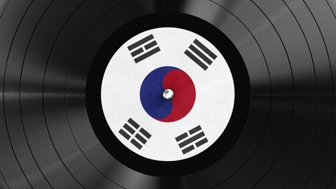 Realistic seamless looping 3D animation of the South Korea flag label vinyl record rendered in UHD