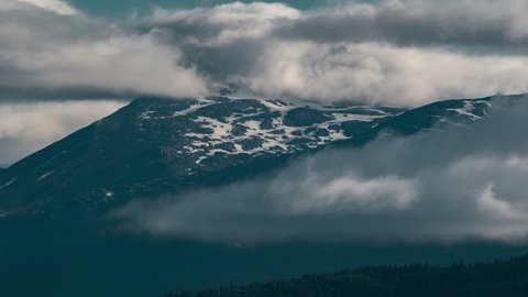 White-gey clouds flowing over the mountains. The unstoppable flow of white whirling above the forest-covered mountain tops. Dark blue sky in the background. Fresh snow on the peaks. A timelapse video.