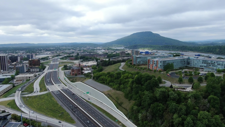 A drone dolly right over downtown Chattanooga with a view of Interstate 24 and Lookout Mountain