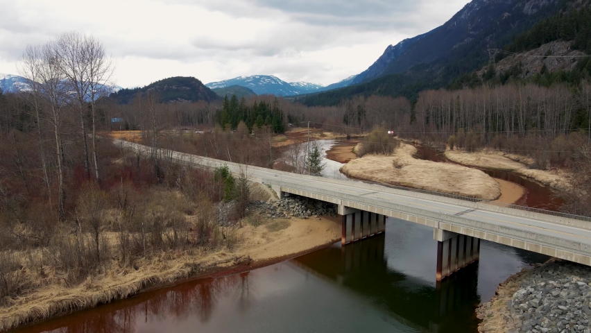 Aerial drone shot of bridge at Lillooet Lake in British Columbia, Canada.