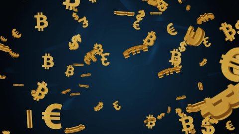 Shiny Golden US Dollar, currency, European Euro, UK British Pound, Japanese Yen, Indian Rupee, European Euro. Signs Rotation in Slow Motion 3D Animation 4K Loop Motion Background.