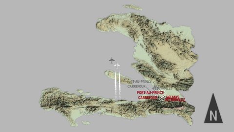 Seamless looping animation of the 3d terrain map of Haiti with the capital and the biggest cites in 4K resolution