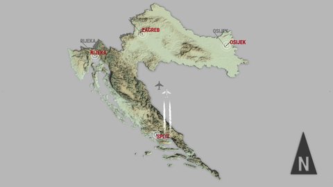 Seamless looping animation of the 3d terrain map of Croatia with the capital and the biggest cites in 4K resolution