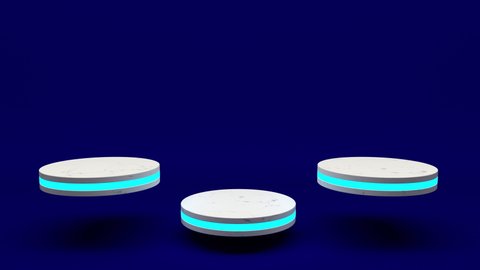 Marble product stand futuristic or podium pedestal on empty display growing flashing light with blue backdrops. 3D rendering. seamless loop.