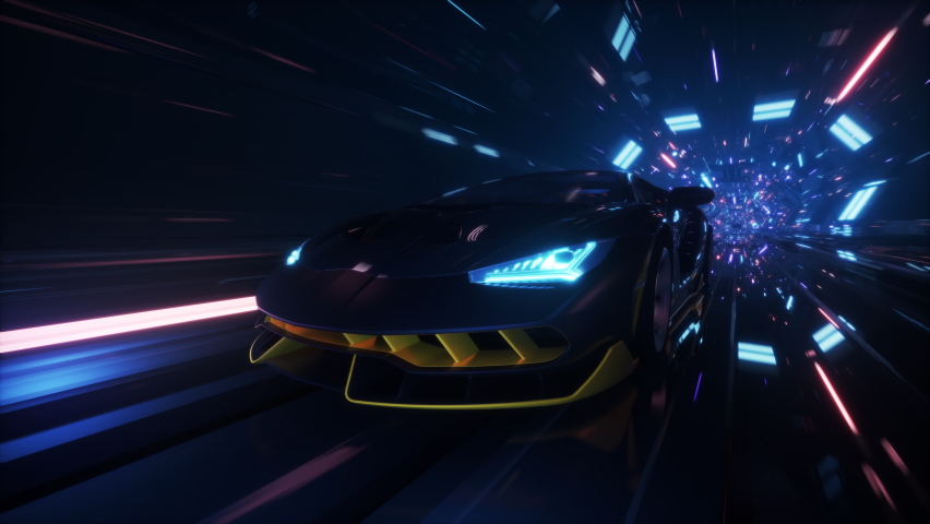 4K looped Speed racing fake 3D Video game car in front. Neon tunnel | Shutterstock HD Video #1071814042
