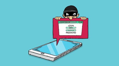 Colorful, cartoon style animation of smartphone and masked hacker spying on user login and password. The hacker wants to steal private data. 