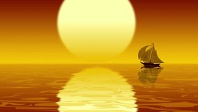 Tropical sunset at the ocean and ancient ship is sailing. Digital animation.