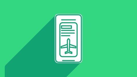 White Smartphone with electronic boarding pass airline ticket icon isolated on green background. Passenger plane mobile ticket for web and app. 4K Video motion graphic animation.
