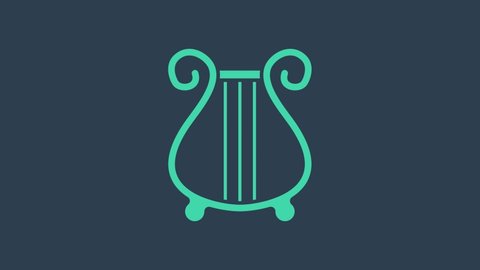 Turquoise Ancient Greek lyre icon isolated on blue background. Classical music instrument, orhestra string acoustic element. 4K Video motion graphic animation.