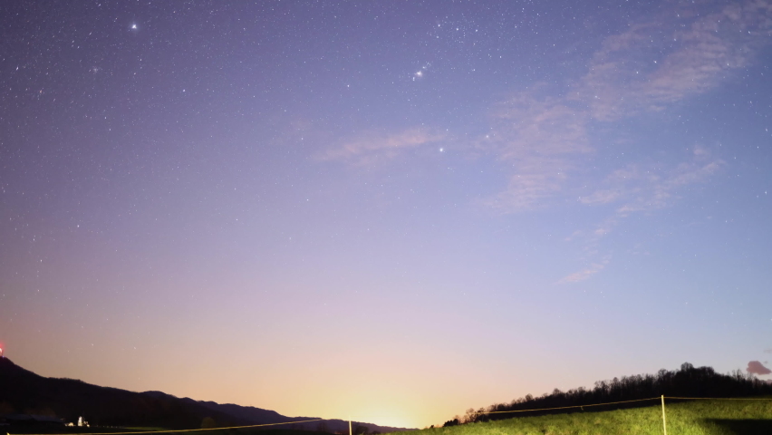 Looking West after sunset in the Rich Valley of southern Virginia, featuring the Orion Constellation and the bright star Sirius.