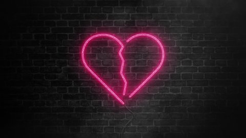 Broken heart neon light icon.Heartbreak glowing sign on brick wall background with smoke or fog effect.Cracked heart represents divorce,rupture, separation,lovesickness.Wall decor banner 4k animation.