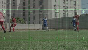 Video game digital interface against two teams of male soccer players playing soccer on grass field. sports and technology concept
