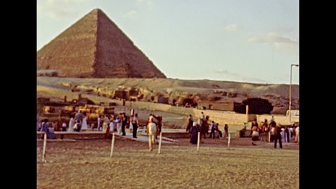 CAIRO, Valley Temple of Khafre, GIZA, EGYPT, AFRICA - circa 1981: Great Sphinx of Giza with the Pyramids of Khufu or Cheops. Historical archival of Cairo capital city of Egypt in 1980s