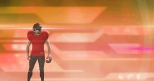 Animation of american football player in helmet holding ball over glowing orange background. sports and competition concept digitally generated video.